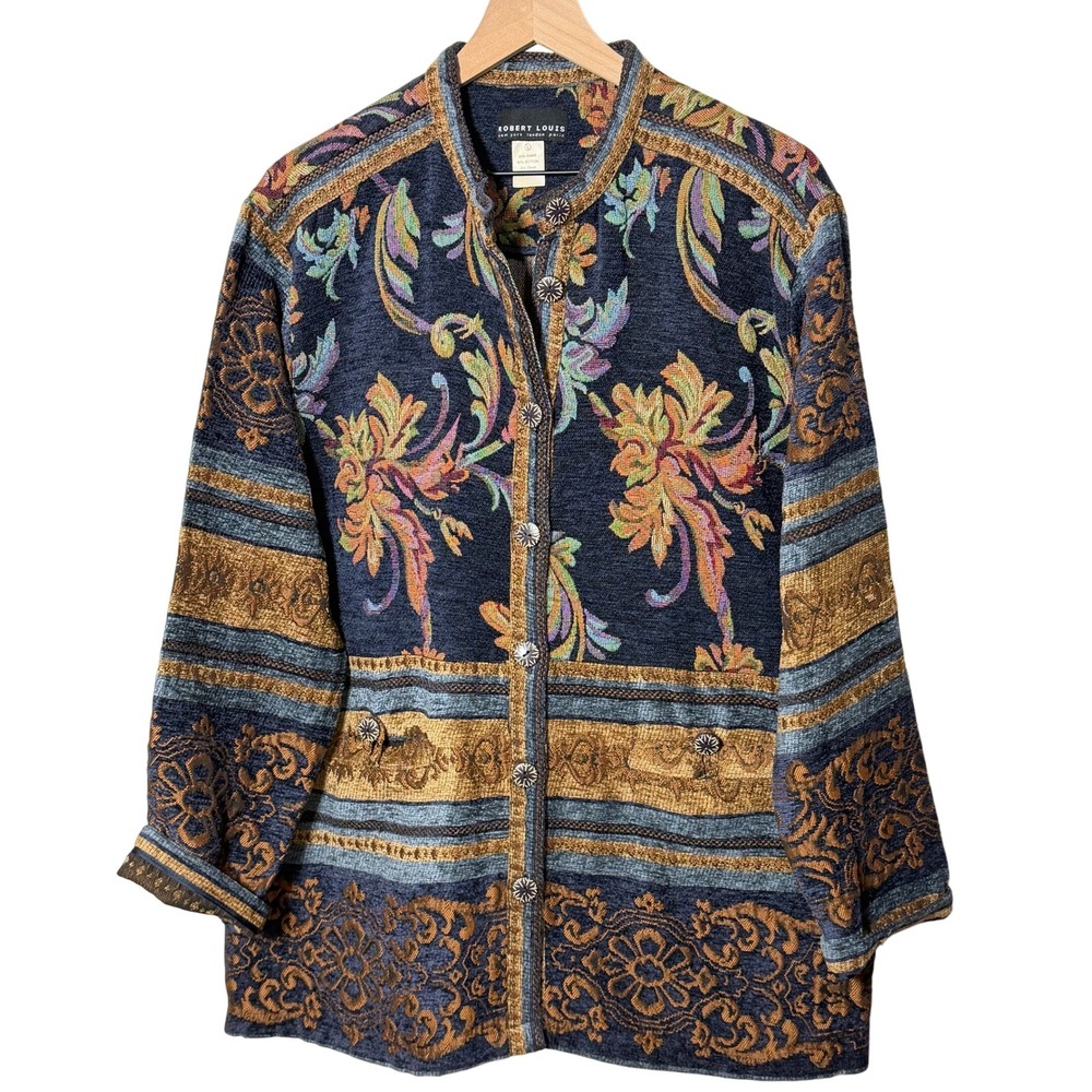 Vintage Floral Robert Louis Tapestry Jacket Large Button Front Cotton Blend Fall
